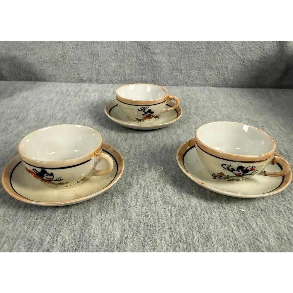 Vintage Lustreware Mickey Mouse Divided Plates for Child's Tea Set + Cups/Saucer